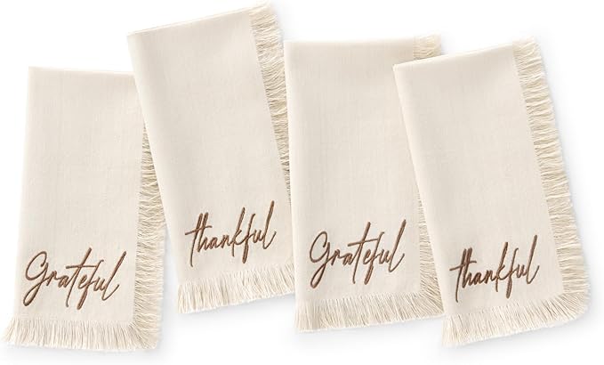 Elrene Home Fashions Fringed Harvest Sentiment Cotton Napkins, Set of 4, 17"x17", Natural