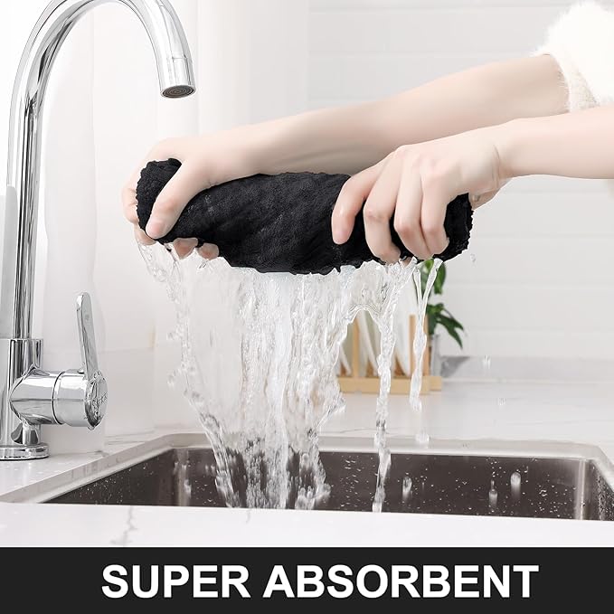 Homaxy Premium Cotton Kitchen Towels 16"x 28", Large Natural Ring Spun 390 GSM Dish Towels, Super Absorbent Terry Kitchen Hand Towels, Soft Tea Towels with Hanging Loop, Pure Black Design, 6 Pack