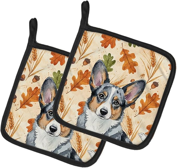 Caroline's Treasures Blue Merle Cardigan Welsh Corgi Heirloom Fall Pair of Pot Holders Pair 7.5x7.5 Quilted Insulated Hot Pads Decorative Kitchen Gift Made in USA