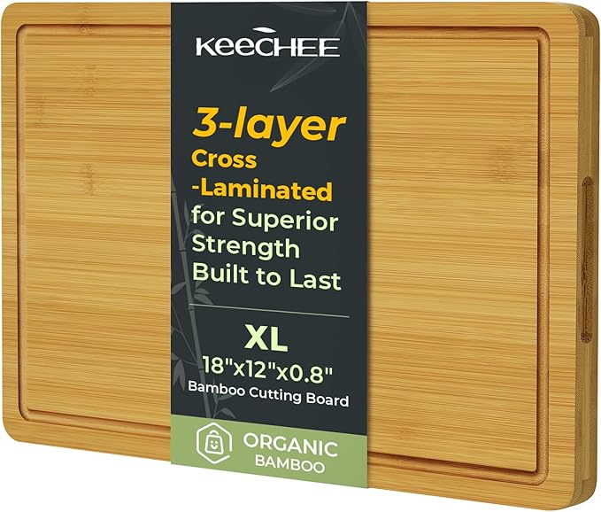 Keechee Kitchen Essentials Natural Bamboo Cutting Board XL With Durable, Knife-Friendly Surface & Deep Juice Groove – Perfect For BBQ(Pre Oiled, Natural)