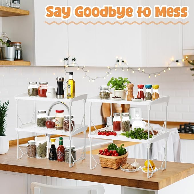 12 Pack White Stackable Plastic Kitchen Storage Shelf Foldable Racks, Pantry Shelf Cabinet Organizers, Expandable Storage Rack for Cabinet Fridge Bathroom (Plastic)
