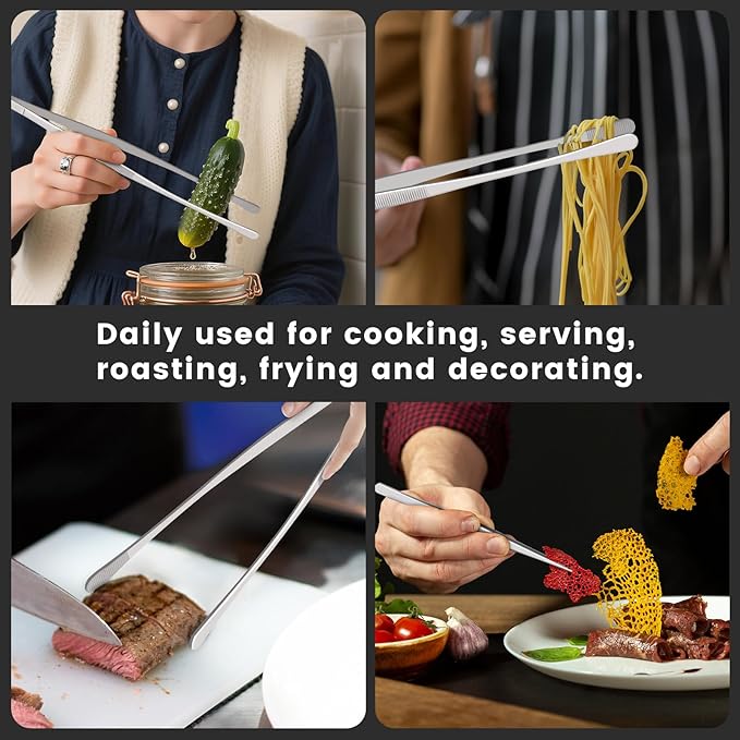 HOTEC Kitchen Tweezers Tongs Stainless Steel Professional Chef Tweezers, Set of 3-6.3", 10" and 12inch Food Tongs for Cooking, Repairing, Dessert, BBQ, Meat, Pasta