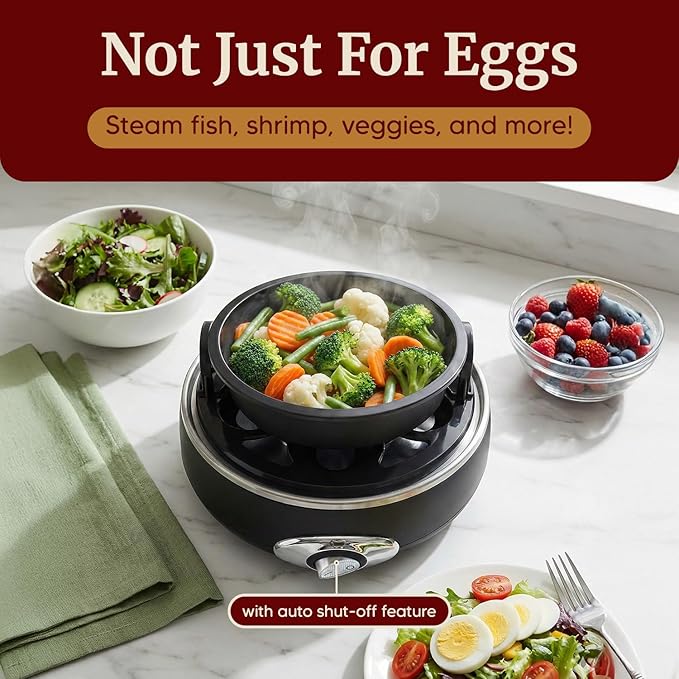 Elite Gourmet EGC007CHC# Rapid Egg Cooker, 7 Easy-To-Peel, Hard, Medium, Soft Boiled Eggs, Poacher, Omelet Maker, Auto Shut-Off, Alarm, 16-Recipe Booklet, Charcoal Grey