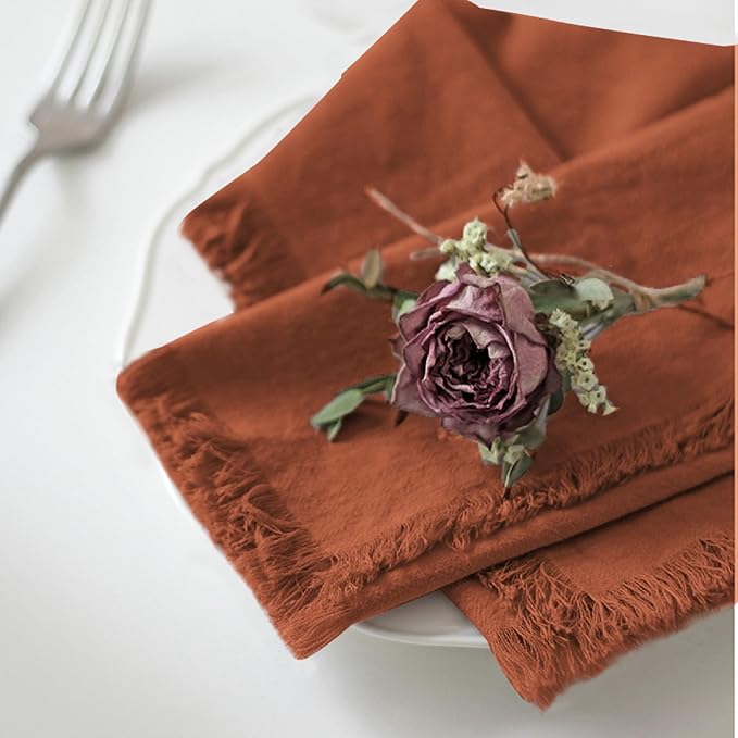 Handmade Cloth Napkins 100% Cotton Napkins with Fringe，Delicate Handmade Cloth Napkins for Dinners, Parties, Weddings and More，18 x 18 Inch Set of 4 - Terracotta