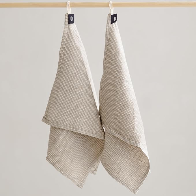 European Flax Linen Kitchen Towels Set of 2 - Handcrafted Stonewashed Waffle Weave Dish Towels, Quick Dry Absorbent Hand Towels for Bathroom & Kitchen