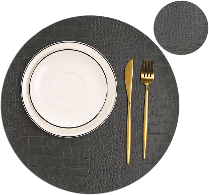 Round Leather Placemats for Round Tables Set of 6, Gray Table Place Mats and Coasters, Washable Easy to Care for Indoor Decor 13" Diameter