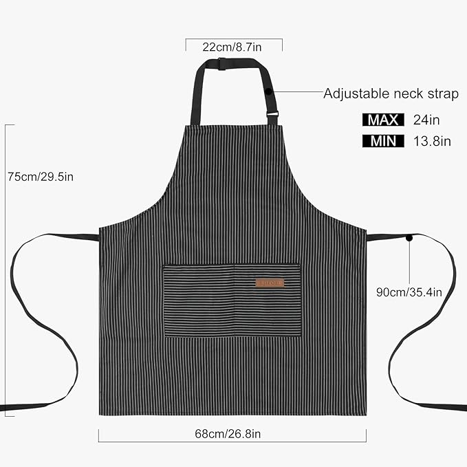 DILLMAN Kitchen Cooking Adjustable Aprons - Men Women Bib Soft Chef Stripes Apron with 2 Pockets