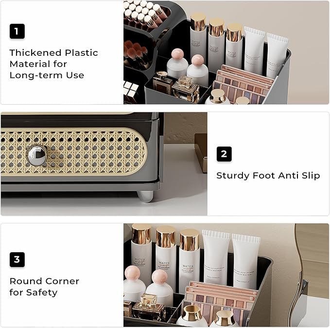 Makeup Organizer for Vanity with Brush Holder, Large Plastic Bathroom Countertop Skincare Organizer with 2 Drawers, Spacious Cosmetic Display Case for Perfumes, Eyeshadow Palettes, Nail Polishes