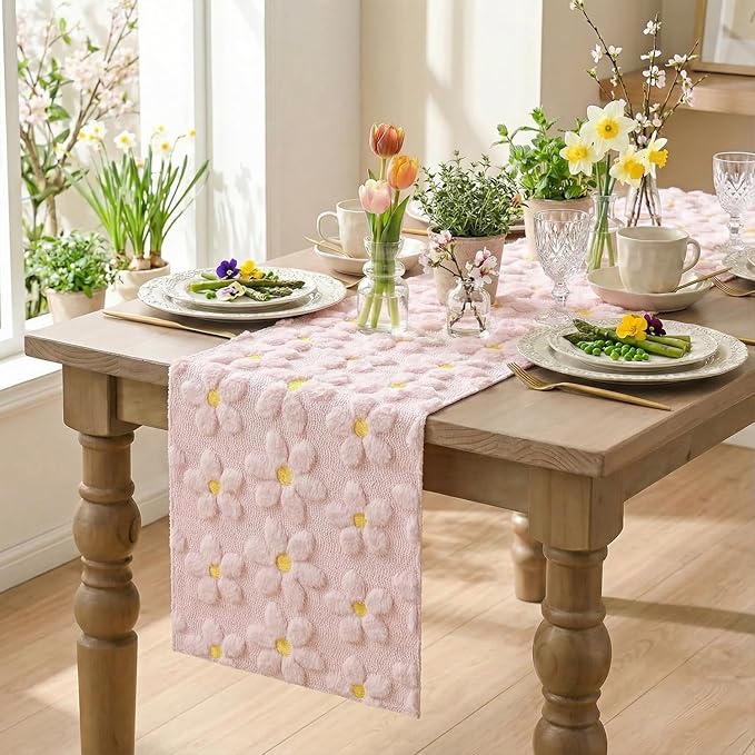 Artoid Mode Pink Soft Plush Faux Fur Jacquard Embroidery Daisy Spring Table Runner, Kitchen Dining Table Decoration for Home Party Decor 13x108 Inch