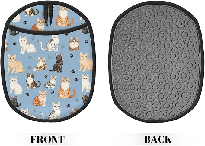 Cat Blue Silicone Pot Holders Set of 2, Heat Resistant up to 500°F, Non-Slip Kitchen Hot Pads with Pocket and Soft Quilted Cotton Lining for Baking, Cooking and Hot Pots