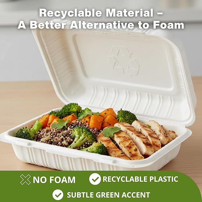 Compostable 9x6 Clamshell Take Out Food Containers [100-Pack] - Biodegradable Sugarcane To Go Boxes - Paper Food Container - Microwave & Freezer Safe, Stackable - White