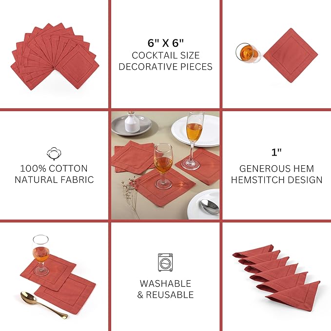 FINGERCRAFT Cocktail Napkins 6 x 6 Inch Premium Quality Cotton, Generous Hemstitch and Mitered Corner Set of 12 Coaster Cloth Rust
