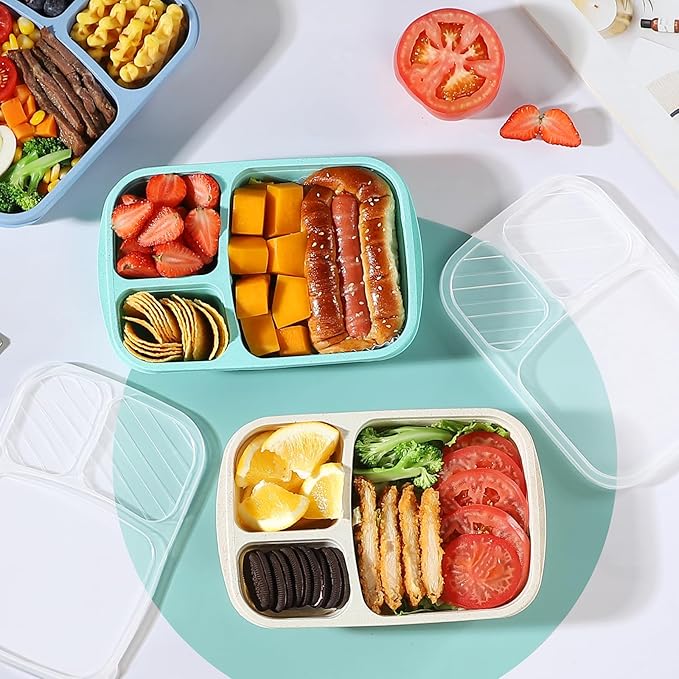 Bento Box Adult Lunch Box - 3 Pack,3-Compartment Leak-Proof Bento Boxes Ideal Portion Sizes for Kids , Reusable Food Storage Snack Containers,Microwave and Dishwasher Safe & Food-Safe Materials (blue)