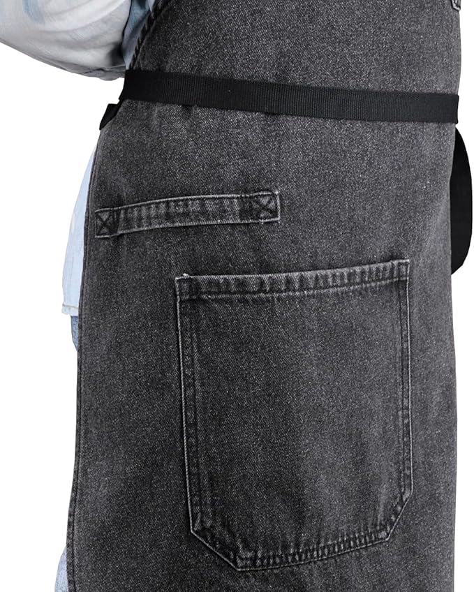 Denim Apron with Pockets, Professional for Mens Womens Chef Kitchen Cooking Grill BBQ Painting Baking, Black Bib with Towel Loop & Adjustable Neck Strap (Black Denim -2)