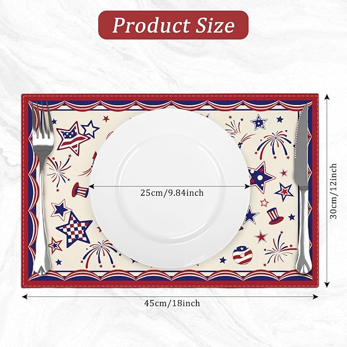 comfoyar America Stars 4th of July Placemats Set of 4, 12x18 Inch Non-Slip Linen Independence Day Place Mats, Washable Absorbent Table Mats for Kitchen Dining Party Table Decoration