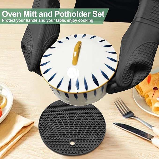3PCS Silicone Oven Mitts and Pot Holders Sets for Kitchen, Oven Gloves Heat Resistant 500°F, Non-Slip Silicone Potholder 7.1”, Thick Oven Mitts & Thick Hot Pads Protection for Cooking, Black