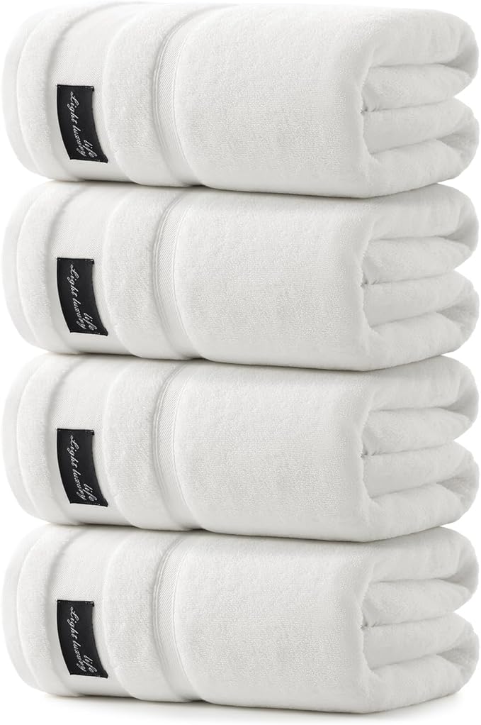 REDKISS 4 Pack Large Bath Towels Set, 100% Cotton, 31x63 in, Heavyweight 760G, Highly Absorbent & Quick Dry, Super Soft Luxury Towels for Bathroom,Hotel Collection - White