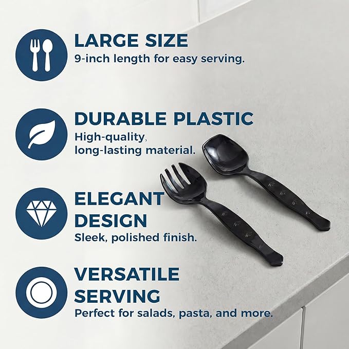 36 Pcs Disposable Serving Utensils Set - 9 Inch Black Tongs, Forks, Spoons for Restaurants, Catering, Party Supplies, Buffet, Wedding, Picnic