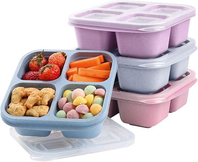 LCHLZZ 4 Pack Snack Containers, 4 Compartments Snackle Box Container, Reusable Meal Prep Lunchable Container for Adults, Microwave Dishwasher Safe, Stackable Bento Snack Boxes for Work, Travel