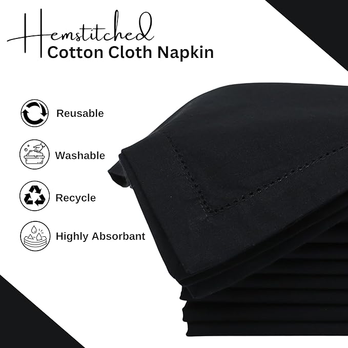 Hemstitched Cotton Napkins - Set of 12, 18x18 Inch - Black, Perfect for Christmas Dinner or Everyday Use