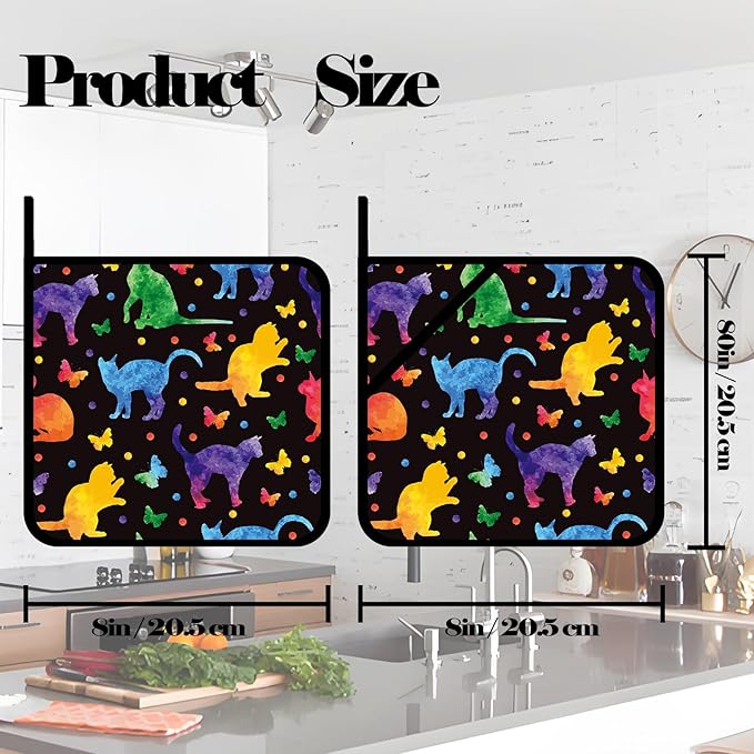 Colorful Cat Silhouette Pot Holders 2 PCS,Kitchen Heat Resistant Hot Pads for Cooking Grilling Baking BBQ, Pot Holders for Women Cook Home Microwave