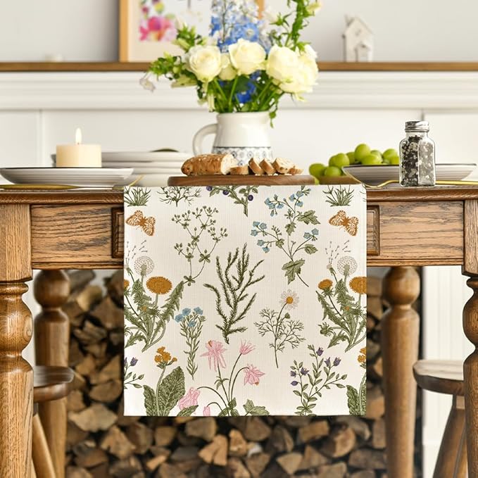 Artoid Mode Wildflowers Floral Spring Table Runner, Butterfly Seasonal Summer Kitchen Dining Table Decoration for Home Party Decor 13x48 Inch