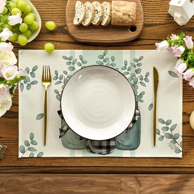 Artoid Mode Eucalyptus Buffalo Plaid Spring Placemats Set of 4, 12x18 Inch Vase Seasonal Table Mats for Party Kitchen Dining Decoration