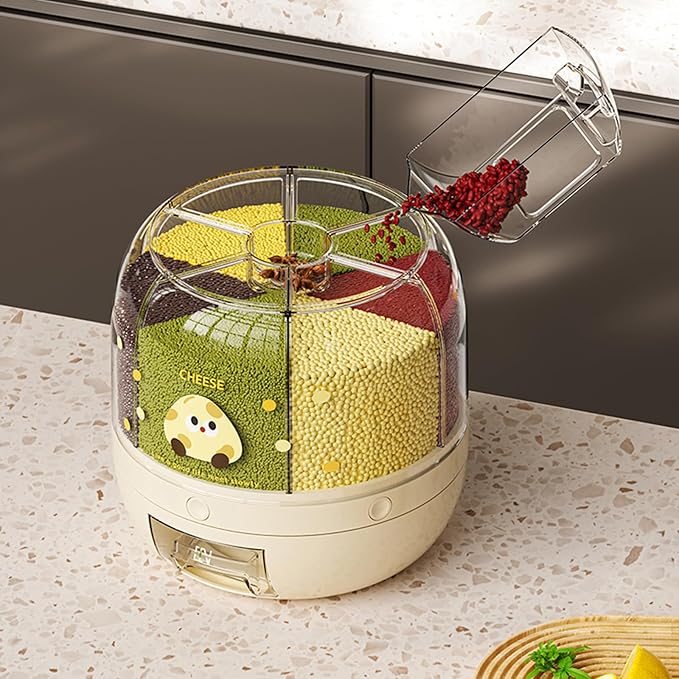 Rice Dispenser | 360° Rotating Grain Storage Bin - 6 Grids, 20LBS Large Capacity Food Container, Moisture-Proof, One-Click Output for Rice, Beans & Pet Food (Decorative Print)