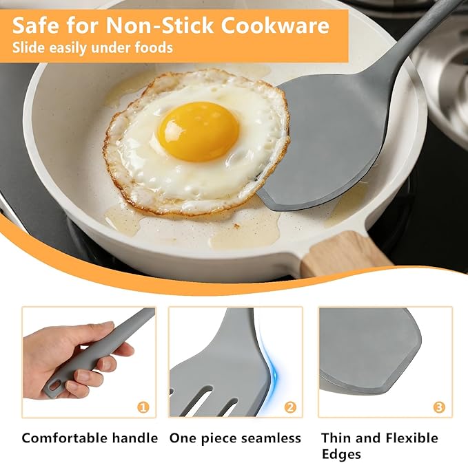 Silicone Spatula Turner Set, 600°F High Heat Resistant Spatulas for Cooking, BPA Free, Large Flexible Kitchen Utensils Flipping Eggs, Pancakes, Fish, Burgers, Dishwasher Safe (4 Pack, Gray)