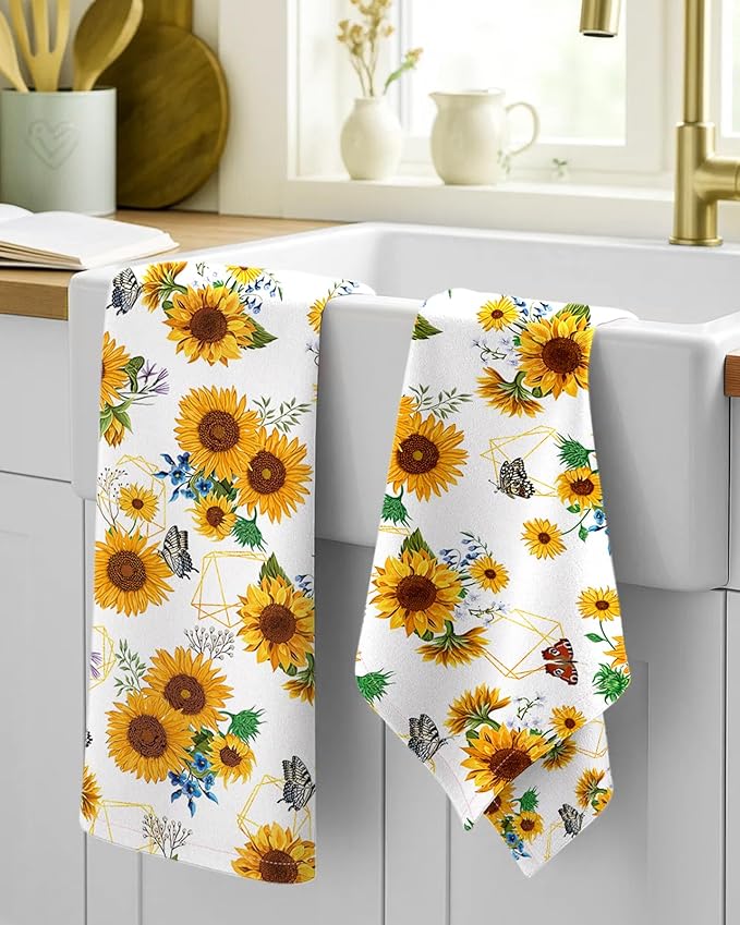 Miss Adola Flour Sack Kitchen Towels - Set of 2 Spring Dish Towels with Hanging Loop 18x26 Inch Absorbent Reusable Cotton Cloths for Cleaning Cute Design Home Decorative Housewarming, Sunflower