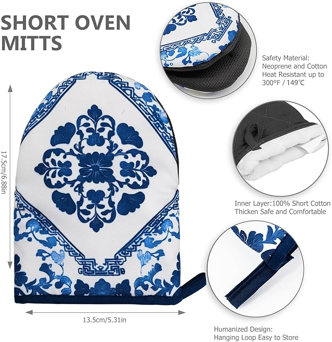 Blue and White Porcelain Pattern Oven Mitts, High Heat Resistant Kitchen Oven Gloves, Mini Silicone Oven Mitts, Non-Slip Grip Surfaces and Hanging Loop for Grilling, Baking, Cooking and Microwave