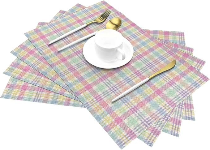Spring Place mats Set of 4,12x18 Inches Colorful Plaid Stripes Placemats Rectangle Easter Decor Pink Green Purple Linen Table Mats for Party Home Kitchen Dining Table Decoration
