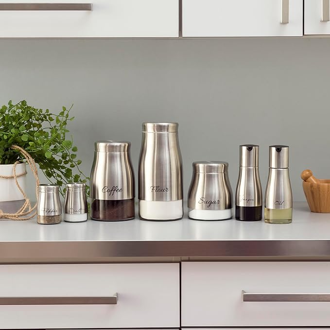Oil and Vinegar Dispenser Set by Home Basics | Brushed Stainless Steel & Glass Containers with Anti-Drip Spout Lid | Easy Refill with Screw Tops | Labeling in Script "Oil" & "Vinegar"
