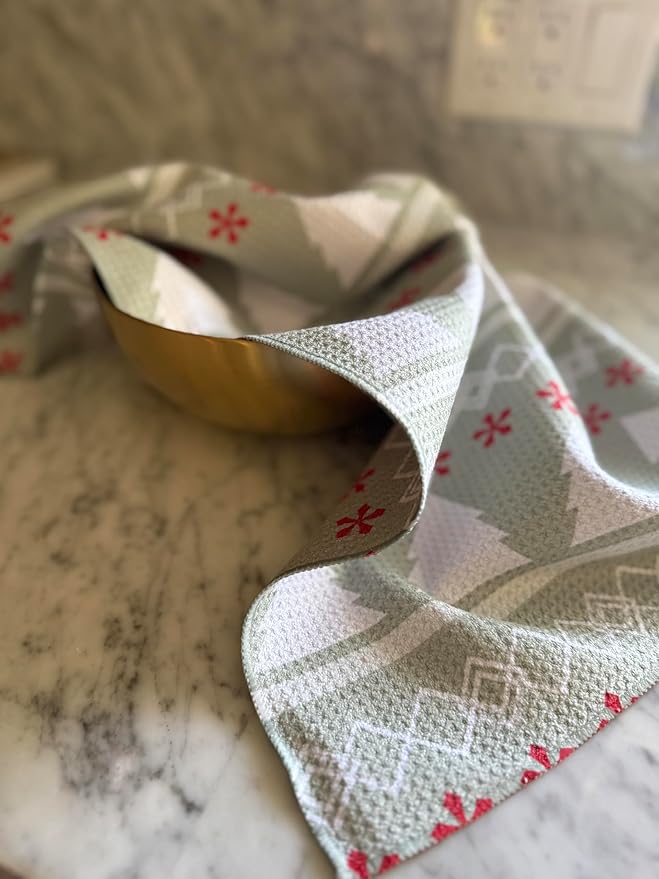 || 3 Pack|| Double Sided Dish Towels || Waffle Weave Microfiber || Highly Absorbent || Hanging Loop || Dish Cloths || Modern || Designer Prints || Lights (Christmas Mint 2 Pack)
