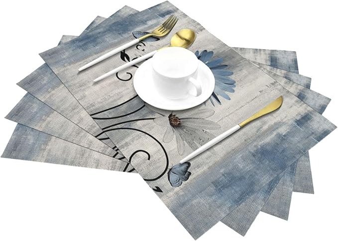 Floral Place mats Set of 4, 12x18 Inches Rustic Blue Daisy Flower Decorative Placemats Rectangle Summer Floral Table Mats for Party Home Kitchen Dining Table Decor
