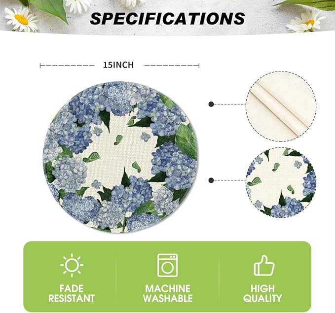 Artoid Mode Watercolor Hydrangea Summer Round Placemats Set of 4, 14 Inch Summer Round Table Mats for Dining Decoration