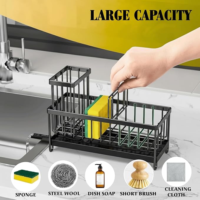 5 in 1 Sponge Holder for Kitchen Sink, Rustproof Stainless Steel Sink Caddy with Washing Cloth & Adhesive Hooks, Kitchen Sink Organizer with High Brush Holder and Soap Holder for Kitchen Sink