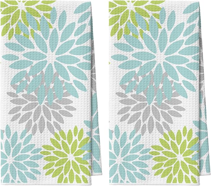 Artoid Mode Light Blue Dahlia Floral Bar Kitchen Towels, 12x24 Inch Quick Dry Microfiber Cloth Dish Towels for Kitchen Drying Set of 2