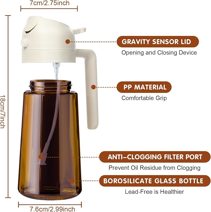 YARRAMATE 2PCS 16oz/470ml Oil Sprayer for Cooking with Stickers, Food-Grade 2 in 1 Olive Oil Dispenser Bottle for Kitchen, Premium Dark AmberGlass Oil Bottle for Air Fryer, BBQ(White & Orange)