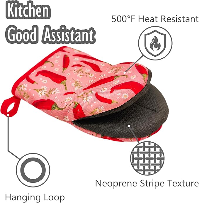 Hot Peppers Oven Mitts, Funny Chili High Heat Resistant Kitchen Oven Gloves, Mini Silicone Oven Mitts, Non-Slip Grip Surfaces and Hanging Loop for Grilling, Baking, Cooking and Microwave, Gift
