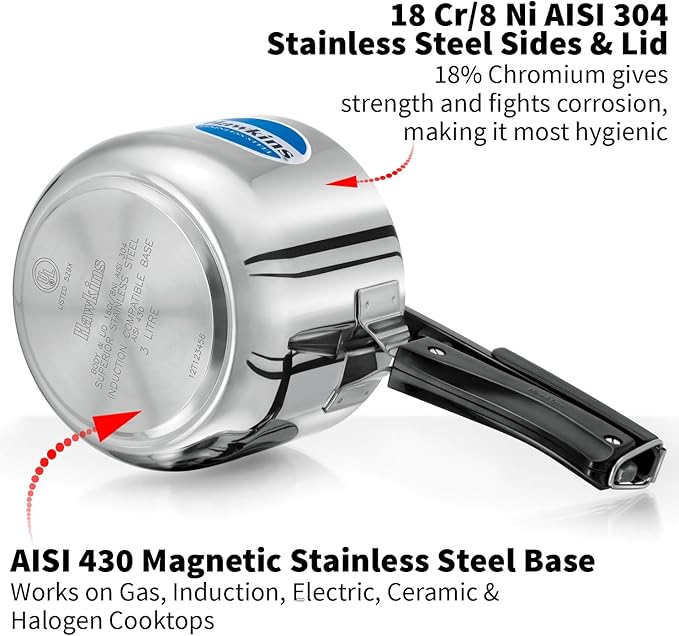 Hawkins Pressure Cooker, Stainless Steel Inner Lid Cooker, Tall Design Cooker, Induction Cooker, Silver Hss3T, 3 Liter 3 Litre