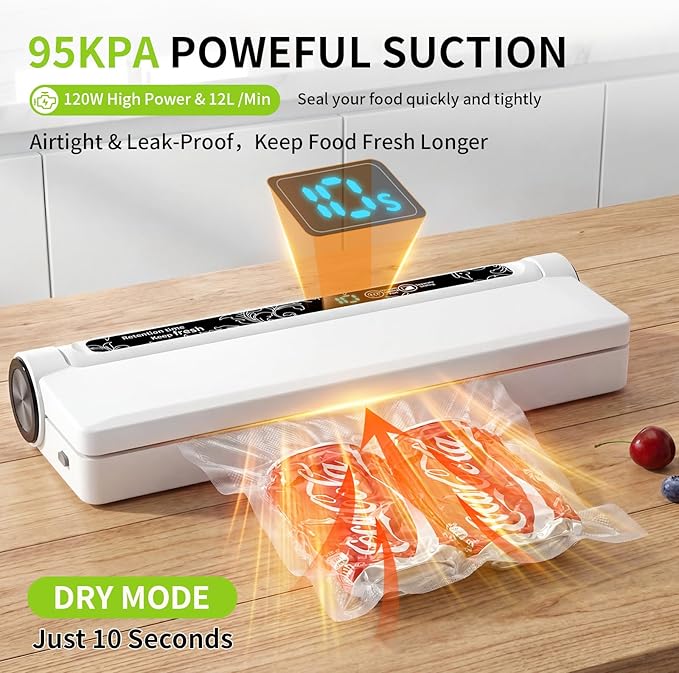 Vacuum Sealer Machine 95KPA Powerful Suction, 10s Fast Seal, Dry & Moist Modes, Compact Food Vacuum Sealer with 30 Bags Included, Automatic Food Saver for Meal Prep, Sous Vide & Kitchen Storage
