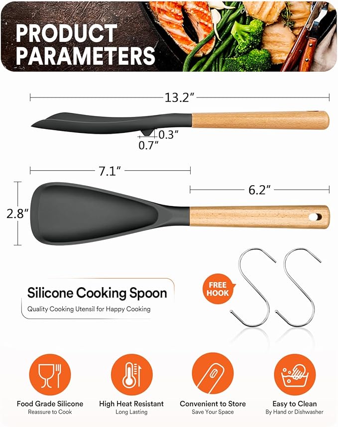 Cooking Spoon for Nonstick Cookwares, Great for Cooking and Serving Sturdy BPA-Free Matte Silicone, Wood Handle Spoon for Mixing, Scoop, and Scrape (2 Pack of Grey, 13.4 inch)