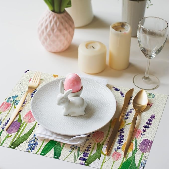 Niviy Floral Spring Placemats Set of 6, Easter Placemats Tulip Butterfly Table Mats Spring Table Decorations for Home Party 12x18 Inch