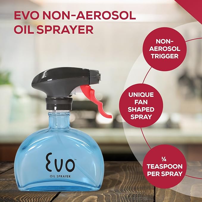 Evo Glass Oil Sprayer, Non-Aerosol For Olive Oil, Cooking Oils And Vinegars, Blue, 6-Ounce Capacity, For Grilling, Roasting, Air Frying, Baking And Salad Prep
