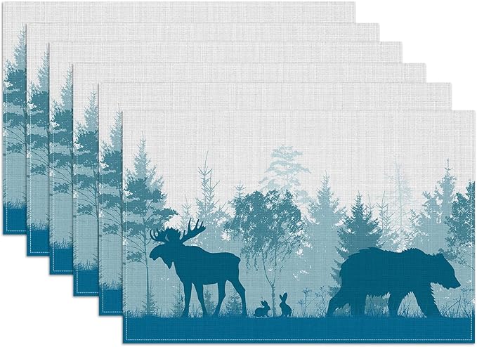 Misty Bear Deer Placemats Set of 6, Washable Heat Resistant Table Mat Forest Animal Linen Place Mats for Party Kitchen Dining Home Decor 12x18 Inch