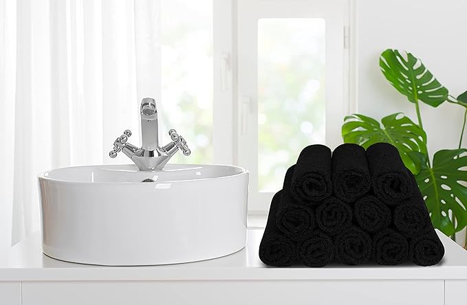 Softolle 100% Cotton Washcloths 24 Pack (12x12 Inches) Soft, Highly Absorbent Washcloth, Face Towels, Wash Cloths for Face, Ring Spun, Bulk Pack (Black/White)