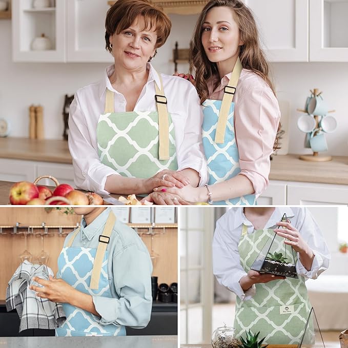2 Pieces Aprons for Women with Pockets, Cotton Linen Waterproof Kitchen Cooking Aprons, Chef Apronfor Men Women with Adjustable Neck Strap and Long Ties(Green/Blue)
