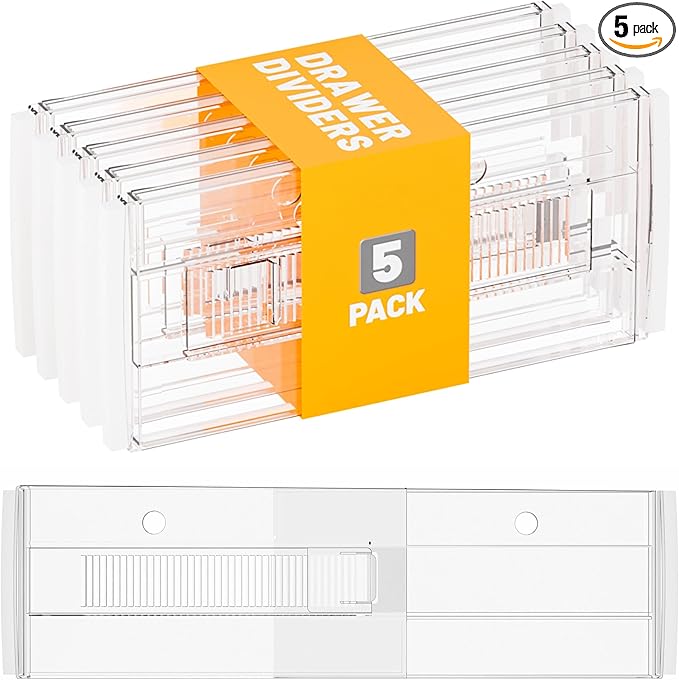 Yieach 5 Pack 6 Inch Tall Acrylic Drawer Divider for Clothes-Expandable from 12.3-18''-Adjustable Dresser Deep Drawer Dividers for Baby Clothing,Underwear,Clear in Drawer Separators for Kitchen,Office