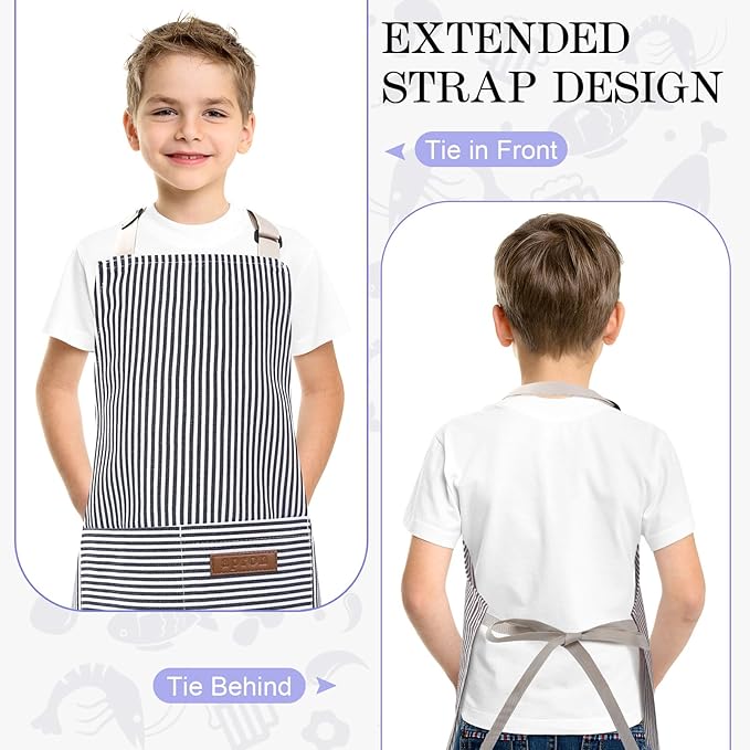 2 Pack Stripes Kids Apron, Kids Cooking Aprons with 2 Pockets, Cute Aprons for Cooking for Boys and Girls
